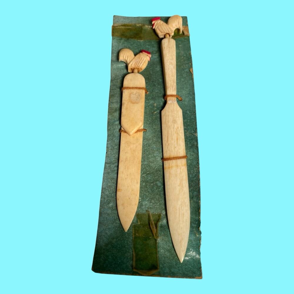 Vtg Carved Letter Opener Page Turner Bookmark Carved Roosters Bovine Bone Japan